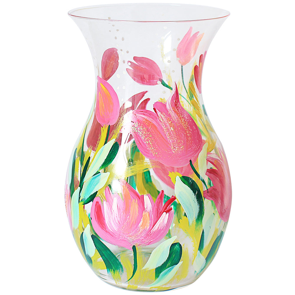 Lynsey Johnstone Hand Painted Pink Tulips Glass Decorative Clear Vase