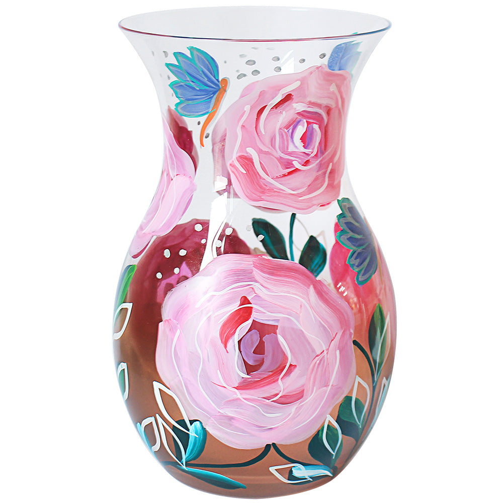 Lynsey Johnstone Hand Painted Pink Roses Glass Decorative Clear Vase