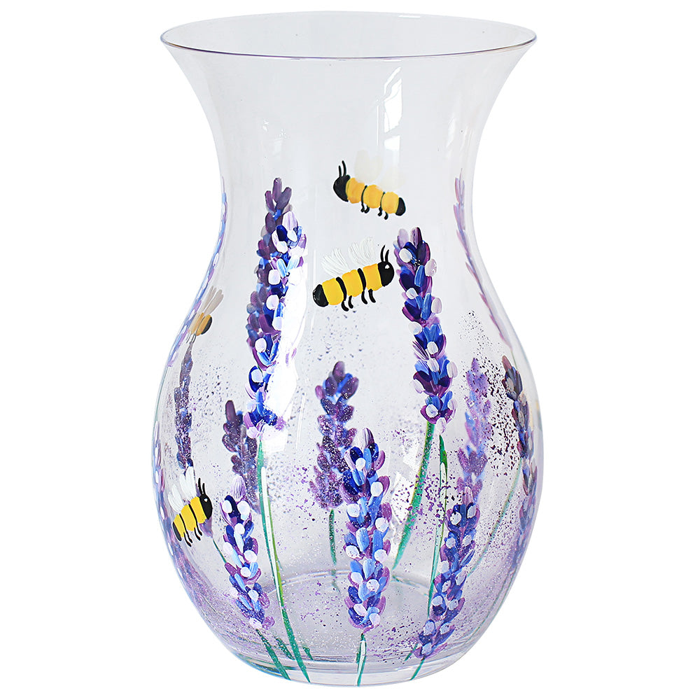 Lynsey Johnstone Hand Painted Bees & Lavender Glass Decorative Clear Vase