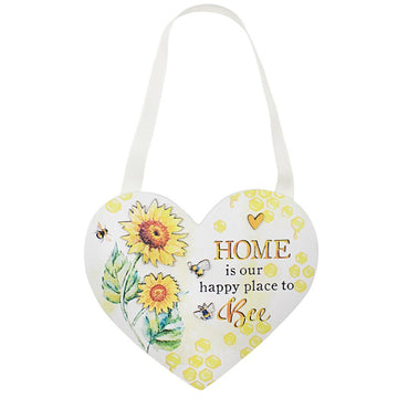 Bee Happy Sunflower Wooden Heart Plaque
