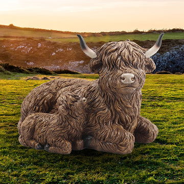 Large Highland Cow with Baby Figurine Resin Ornament
