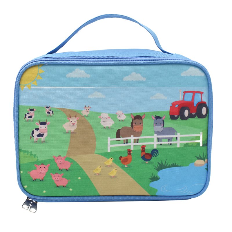 Blue Kids Lunch Bag Farm Animals Doodle Design