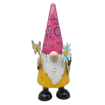 Bright Eyes Pink Hat Gnome with Flower Garden Ornament
