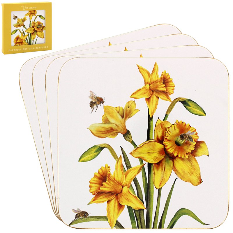 4pcs Yellow Daffodil Bee-tanical Floral Series Cork Coasters