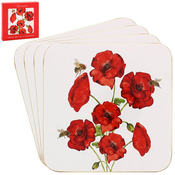 4pcs Red Poppies Bee-tanical Floral Series Cork Coasters