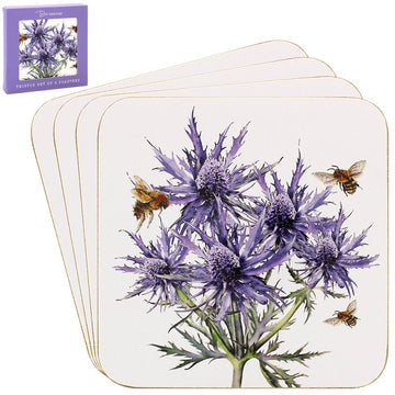 4pcs Purple Thistles Bee-tanical Floral Series Cork Coasters