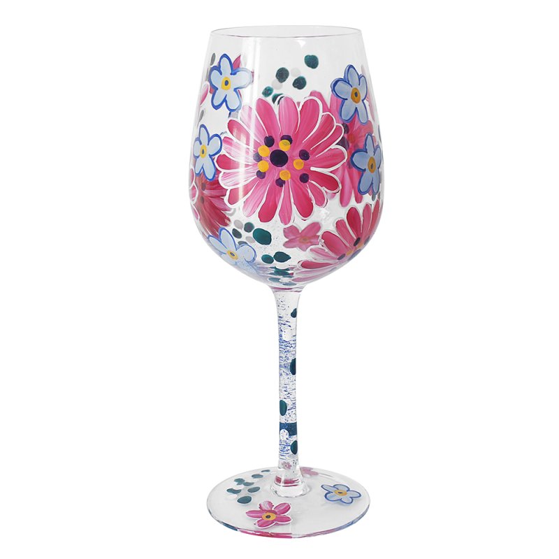 600ml Lynsey Johnstone Hand Painted Pink Gerberas Flowers Wine Glass