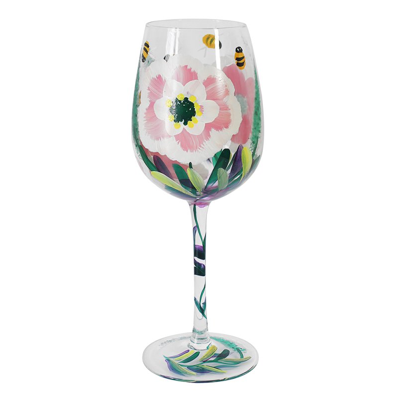 600ml Lynsey Johnstone Hand Painted Peonies & Bees Wine Glass