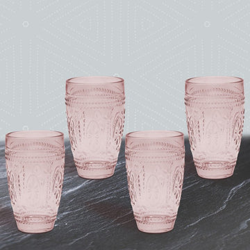 4Pc Pink Glass Embossed Design Tumblers Set