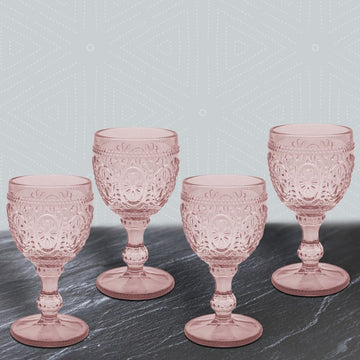 4Pc Pink Embossed Design Wine Glasses Set