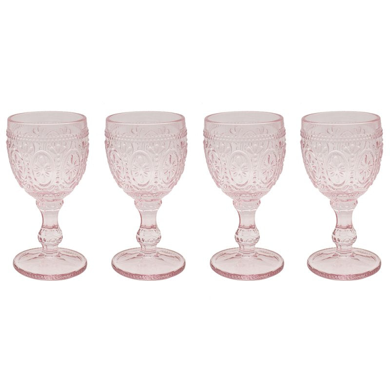 4Pc Pink Embossed Design Wine Glasses Set