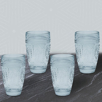 4Pc Blue Glass Embossed Design Tumblers Set