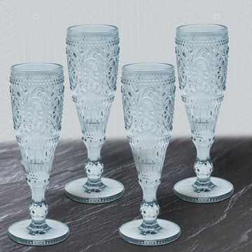 4Pc Blue Embossed Design Flute Glasses Set