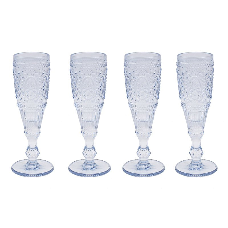 4Pc Blue Embossed Design Flute Glasses Set