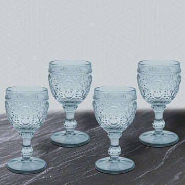 4Pc Blue Embossed Design Wine Glasses Set