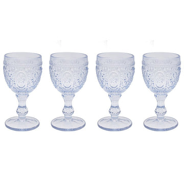 4Pc Blue Embossed Design Wine Glasses Set