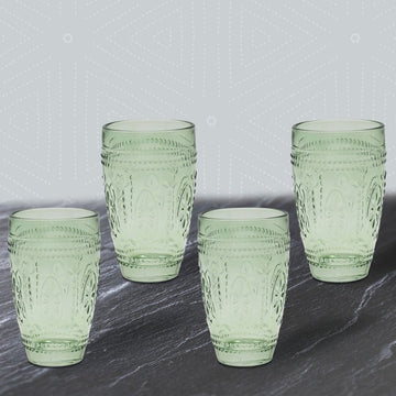 4Pc Green Glass Embossed Design Tumblers Set