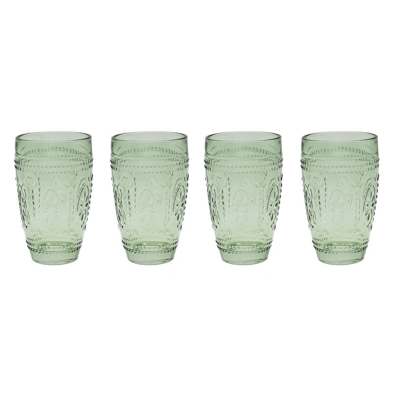 4Pc Green Glass Embossed Design Tumblers Set