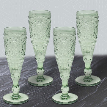 4Pc Green Embossed Design Flute Glasses Set