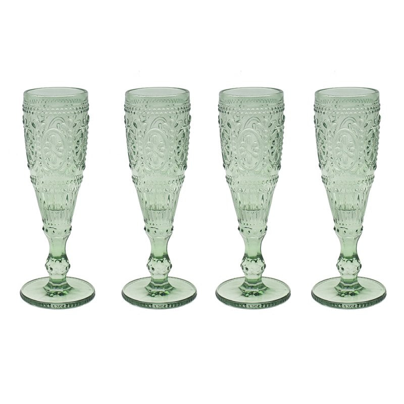 4Pc Green Embossed Design Flute Glasses Set