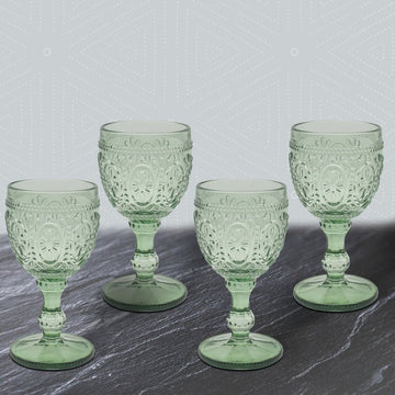 4Pc Green Embossed Design Wine Glasses Set