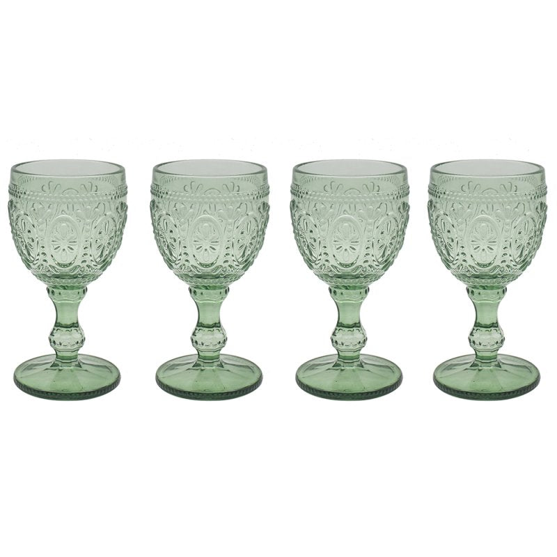 4Pc Green Embossed Design Wine Glasses Set