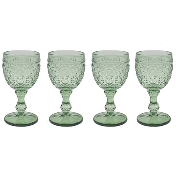 4Pc Green Embossed Design Wine Glasses Set