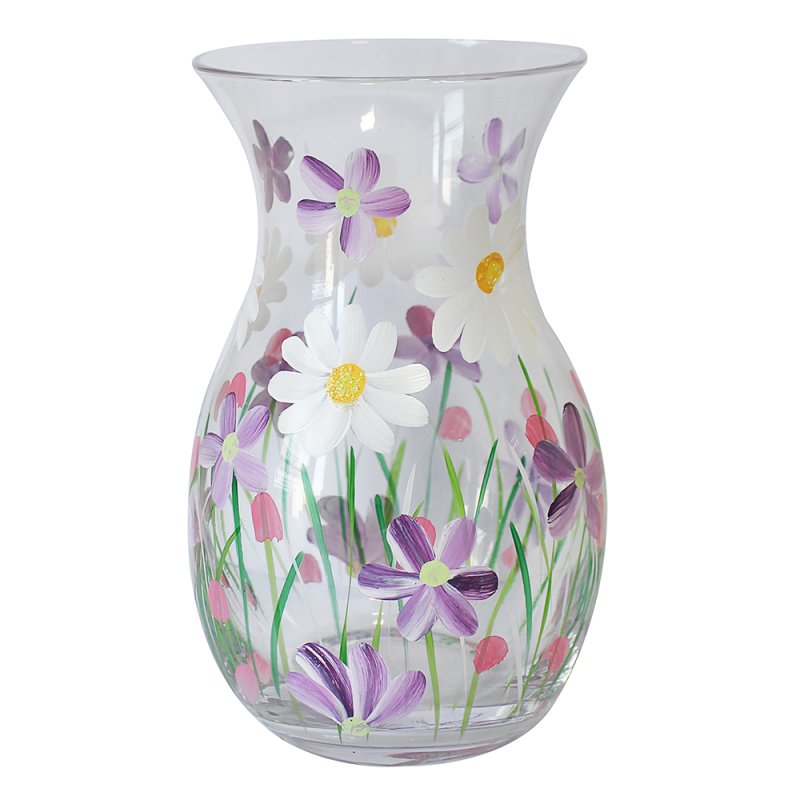 Clear Glass Lynsey Johnstone Hand Painted Floral Daisies Decorative Vase