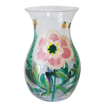 Clear Glass Lynsey Johnstone Hand Painted Floral Peonies & Bees Decorative Vase