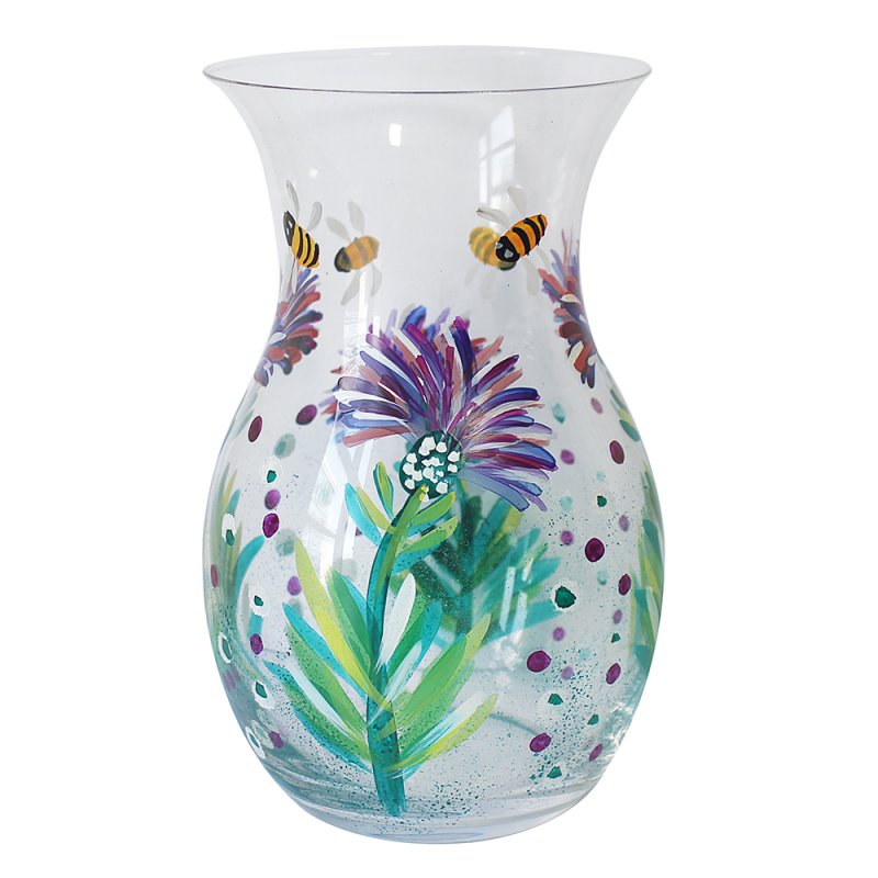 Clear Glass Lynsey Johnstone Hand Painted Floral Thistles & Bees Vase