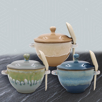 Reactive Glaze Soup Bowl with Lid & Spoon Gradient