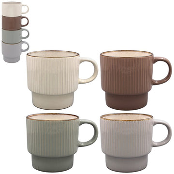 Reactive Glaze Stacking Mugs 4pcs Ribbed Stoneware