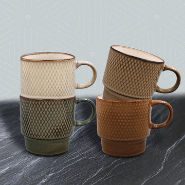 Reactive Glaze Stacking Mugs 4pcs Ribbed Stoneware