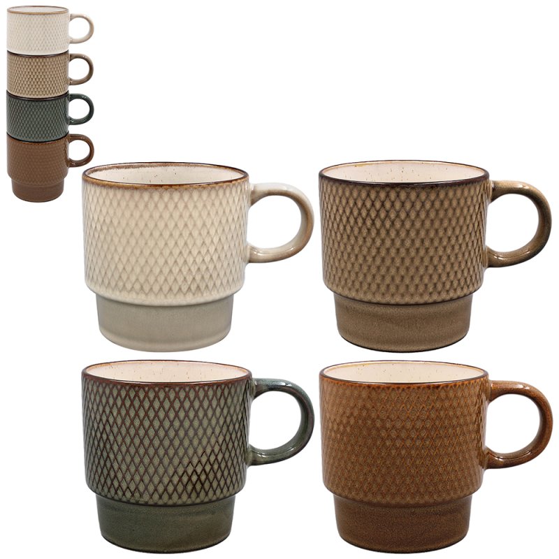 Reactive Glaze Stacking Mugs 4pcs Ribbed Stoneware