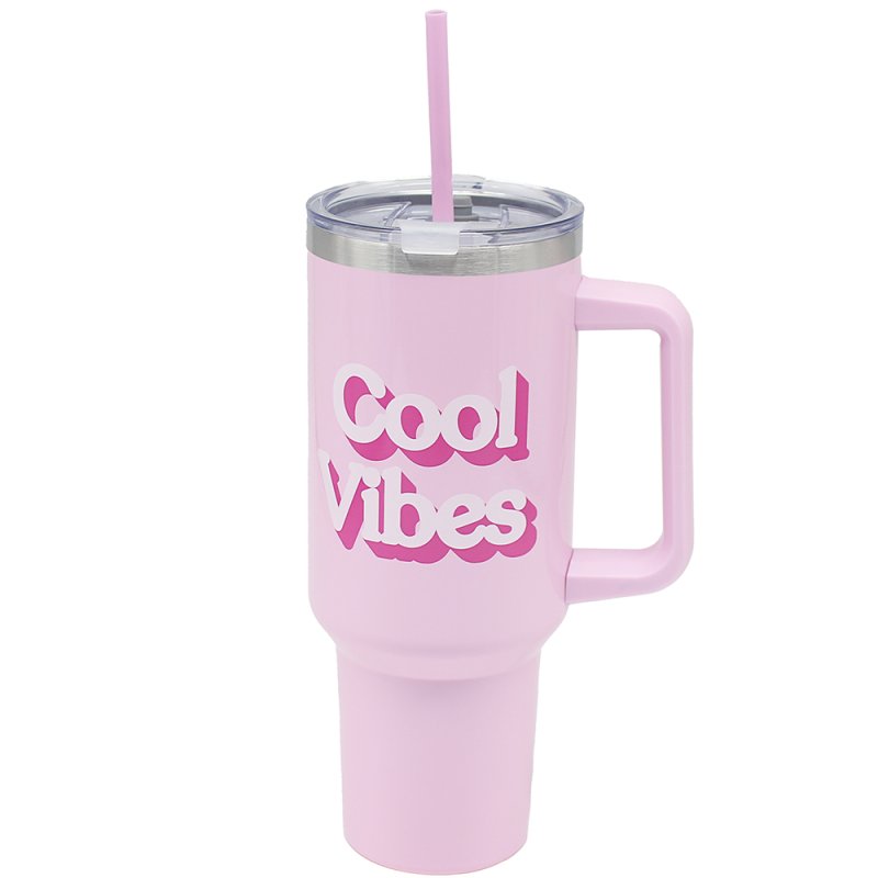 1.2L Pink Cool Vibes Design Insulated Vacuum Flask With Handle & Straw