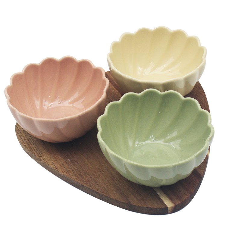 3-pc Set of Flower Bowls with Triangle Wooden Tray
