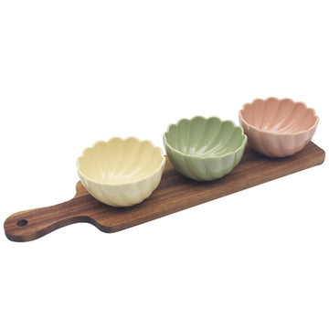 3-pc Set of Flower Bowls with Long Wooden Tray