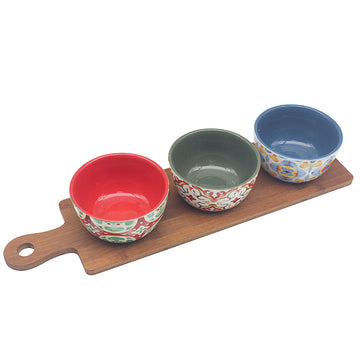 Ceramic Tuscany Bowls Set of 3 on Wooden Base