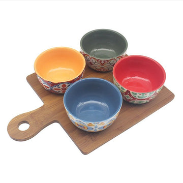 Tuscany Ceramic Bowls Set of 4 on Wooden Base