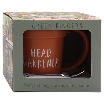 Green Fingers Head Gardener Terracotta Mug with Spade Spoon
