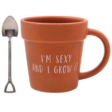 Green Fingers I Grow It Terracotta Mug with Spade Spoon