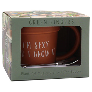 Green Fingers I Grow It Terracotta Mug with Spade Spoon