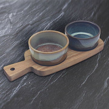 2Pcs 25cm Round Ceramic Bowls with Wooden Tray