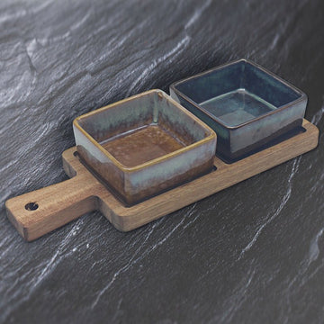 2Pcs 25cm Square Ceramic Bowls with Wooden Tray