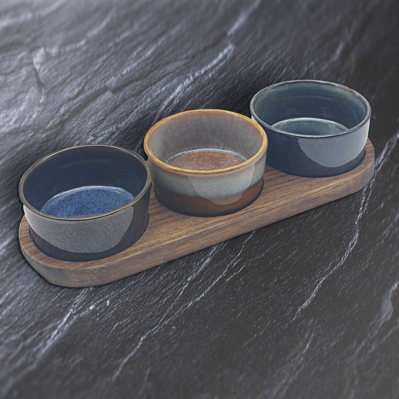 3Pcs 28cm Round Ceramic Bowls with Wooden Tray