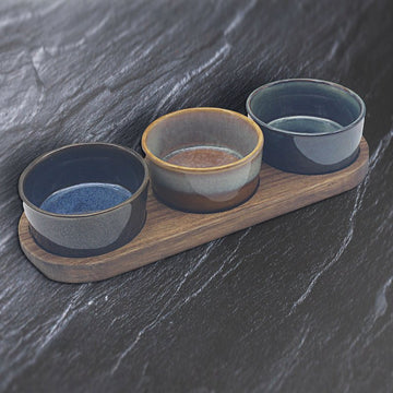 3Pcs 28cm Round Ceramic Bowls with Wooden Tray