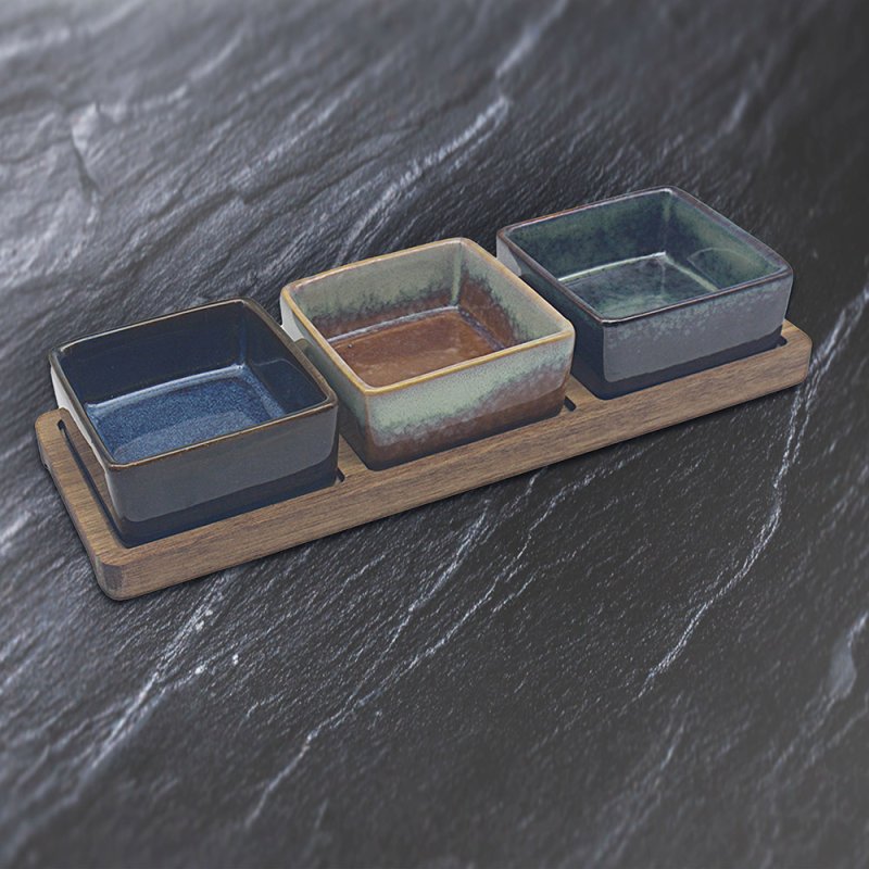 3Pcs 28cm Square Ceramic Bowls with Wooden Tray