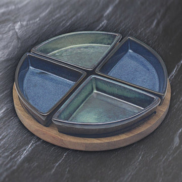 4Pcs Ceramic Bowls Circle with Wooden Tray