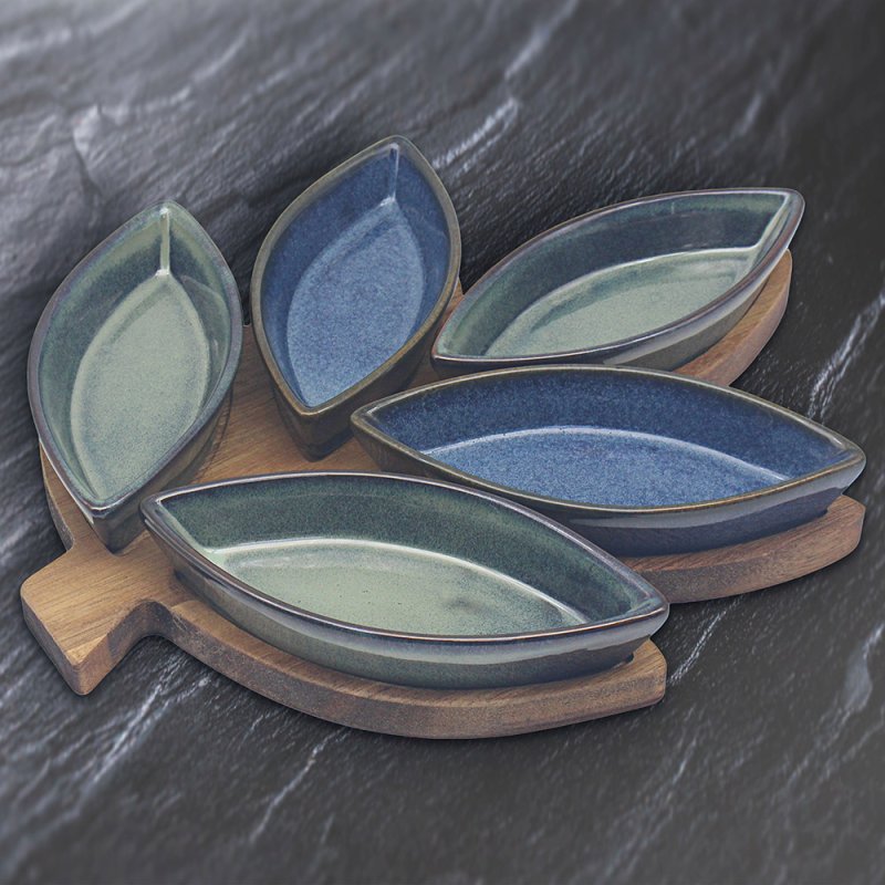 5Pcs Ceramic Bowls Leaf with Wooden Tray