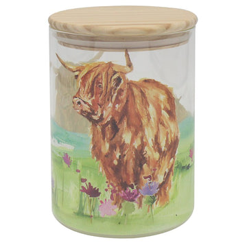Highland Cow Medium Glass Canister Jar with Wooden Lid